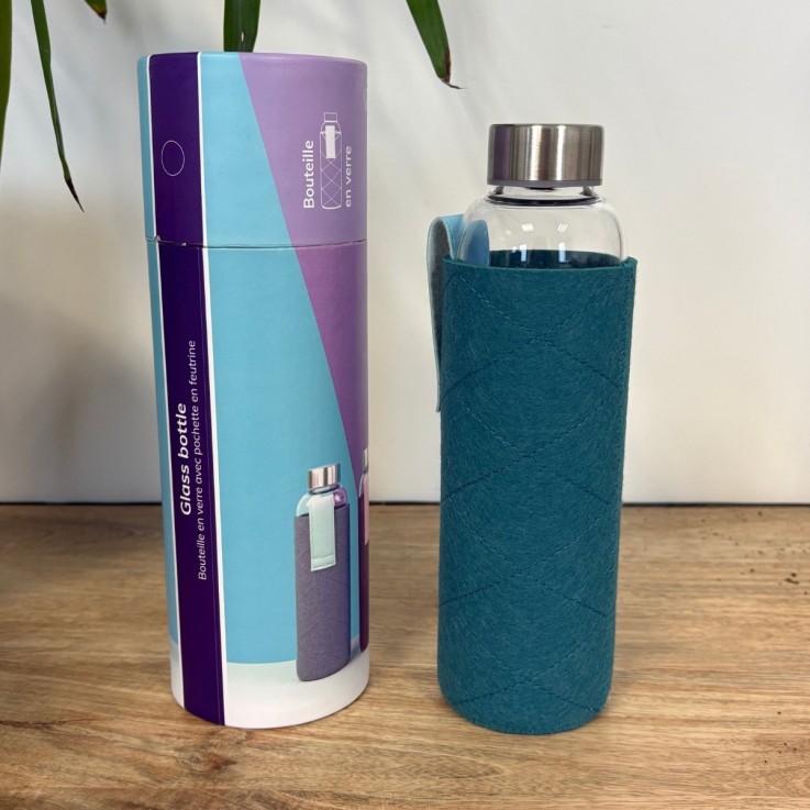 Gourde en verre avec pochette - Bleu canard