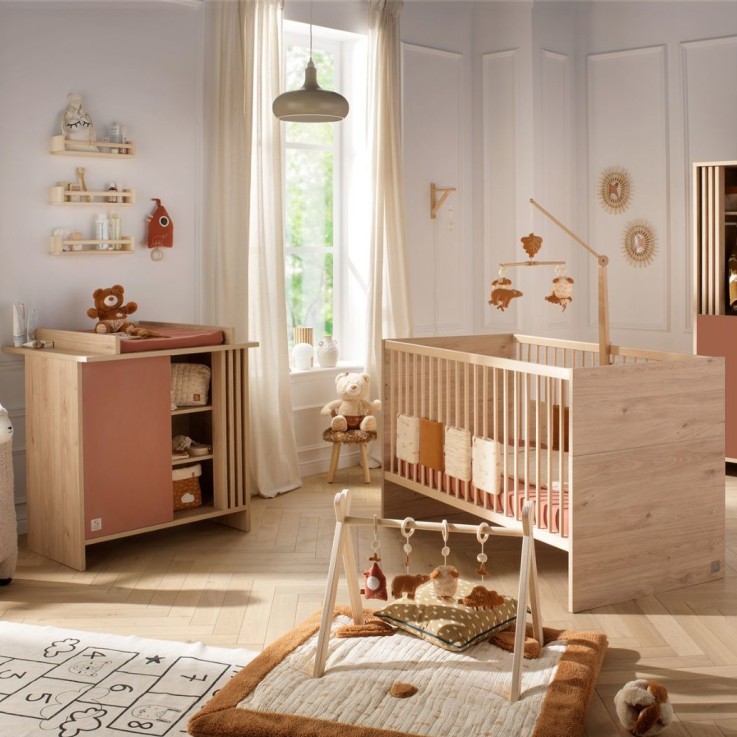 Chambre bébé évolutive Tokyo, Lit évolutif et Commode à langer claustra - Chêne suave