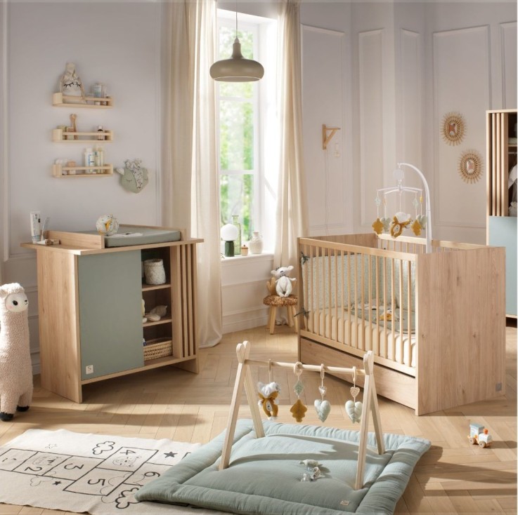 Chambre bébé complète Tokyo - Lit et Commode à langer claustra - Chêne suave