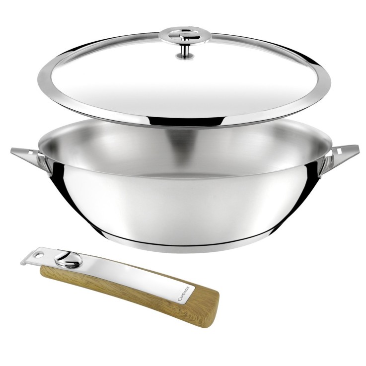 Set 1 wok 28cm inox avec couvercle, 1 poignée amovible effet bois