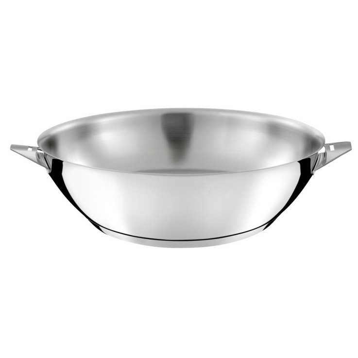 Set 1 wok 28cm inox avec couvercle, 1 poignée amovible effet bois