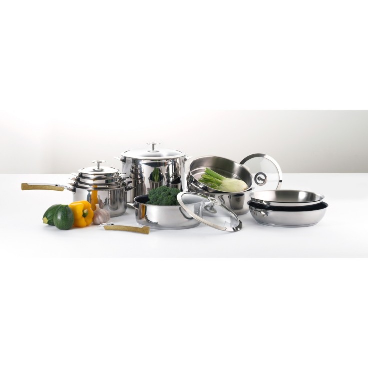 Set 1 wok 28cm inox avec couvercle, 1 poignée amovible effet bois