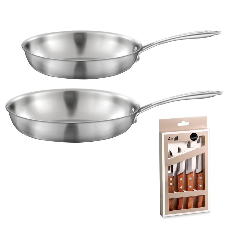 Lot Gourmet 2 Poêles inox 24 et 28 cm, Coffret 4 couteaux de cuisine