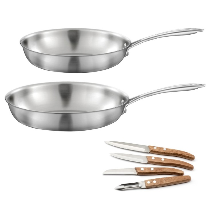 Lot Gourmet 2 Poêles inox 24 et 28 cm, Coffret 4 couteaux de cuisine