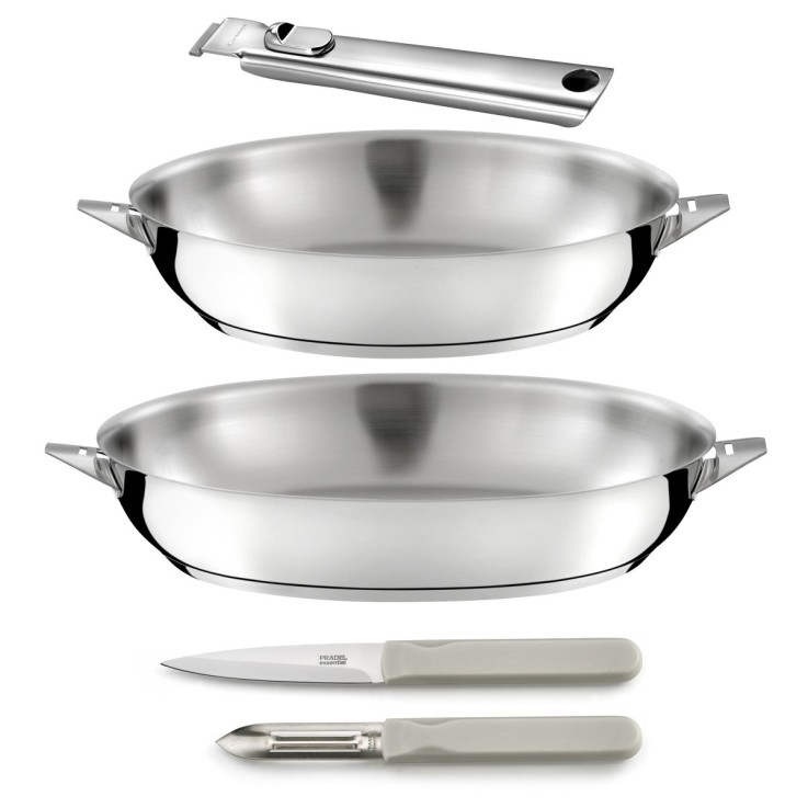 Set 2 poêles 24/28cm inox, 1 poignée amovible inox, 1 éplucheur et 1 couteau office