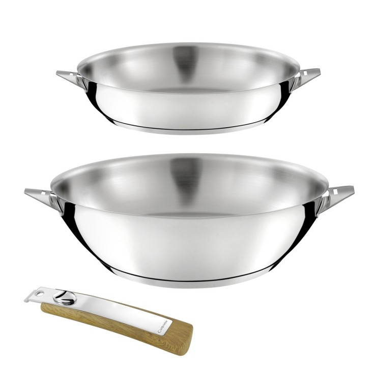 Lot de 1 poêle 24 cm et 1 wok 28 cm finition miroir avec poignée effet bois clair