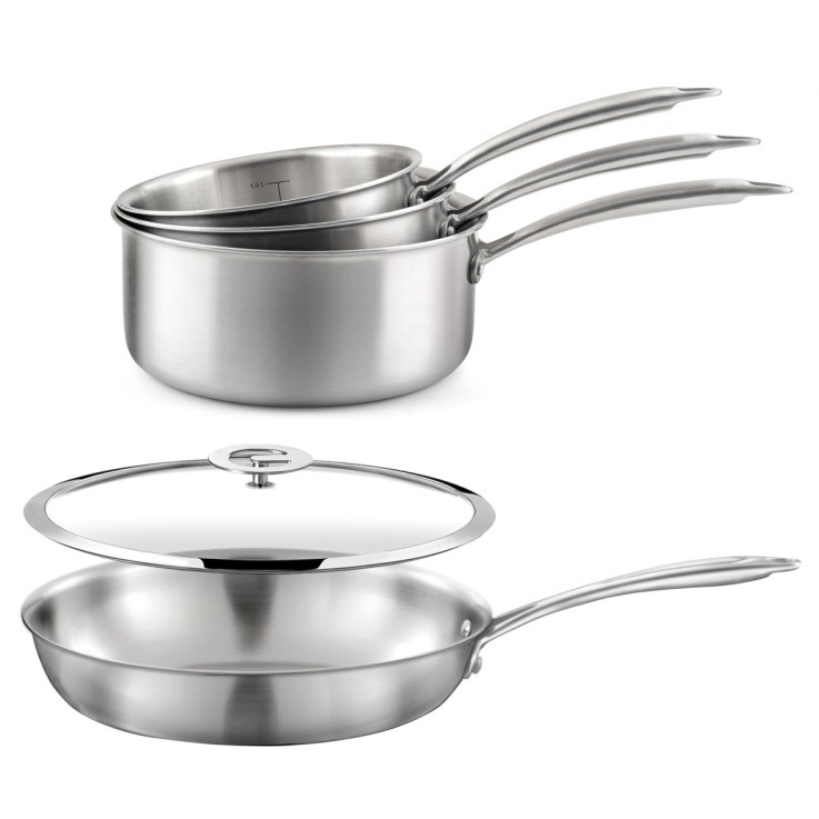 Lot Gourmet 3 casseroles inox 16/18/20cm, 1 poêle inox 24cm, 1 couvercle 24cm