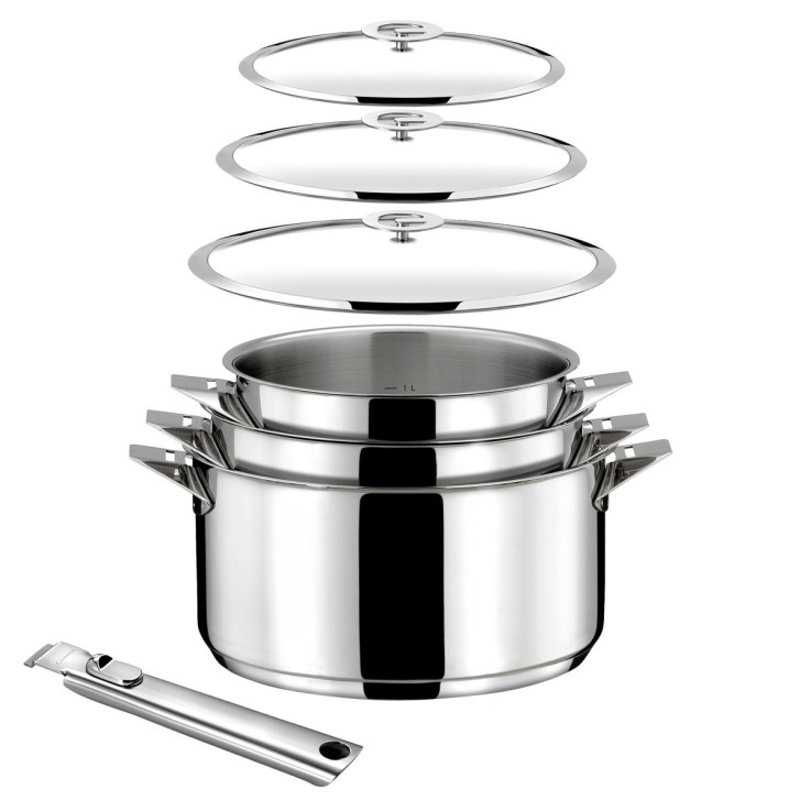 Lot 7 pièces - Casseroles 16, 18 & 20 cm, 3 couvercles et poignée amovible