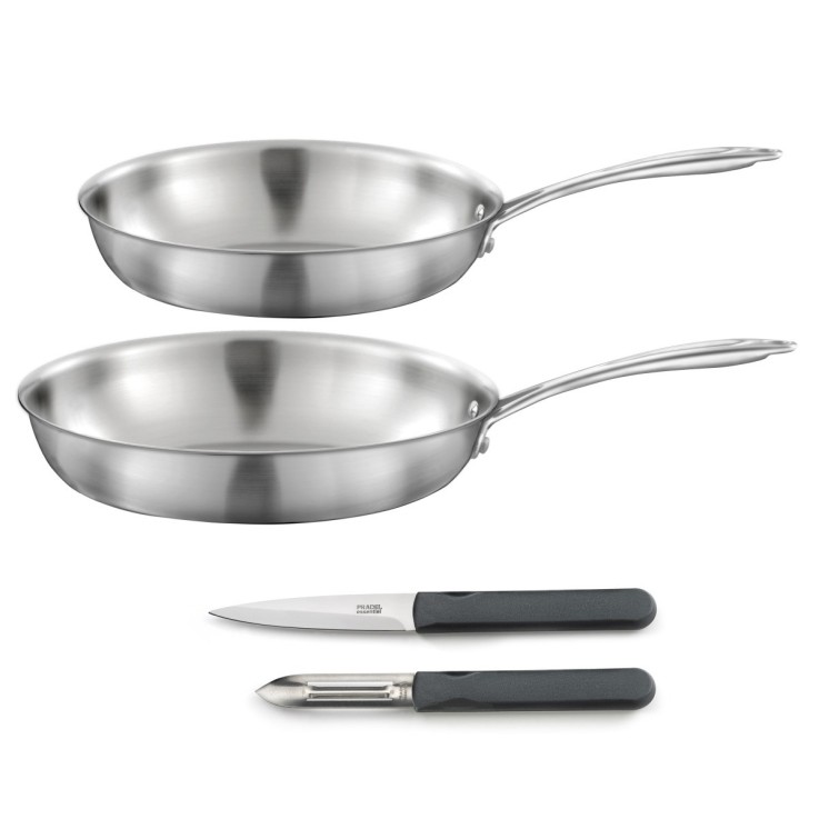 Set Gourmet 2 poêles 24-28cm inox, 1 éplucheur, 1 couteau office