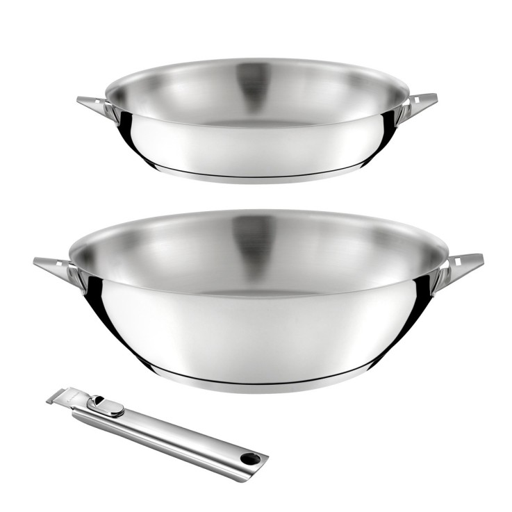 Lot 3 pièces en inox - Wok 28 cm, Poêle 24 cm et Poignée amovible