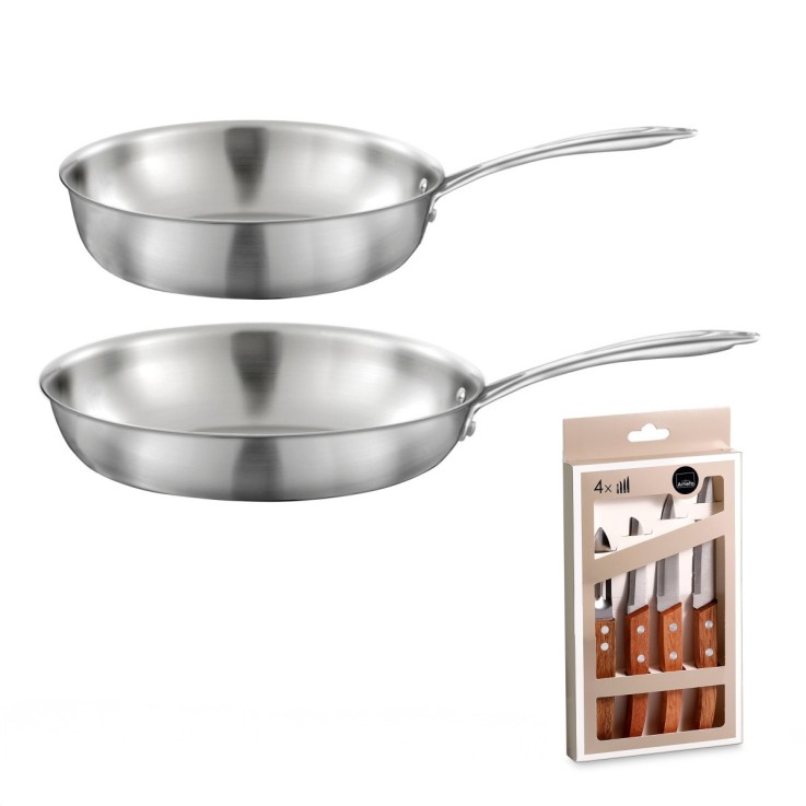 Lot Gourmet Poêle inox 28 cm, Sauteuse inox 24 cm, Coffret 4 couteaux de cuisine