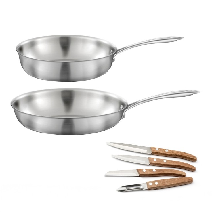 Lot Gourmet Poêle inox 28 cm, Sauteuse inox 24 cm, Coffret 4 couteaux de cuisine