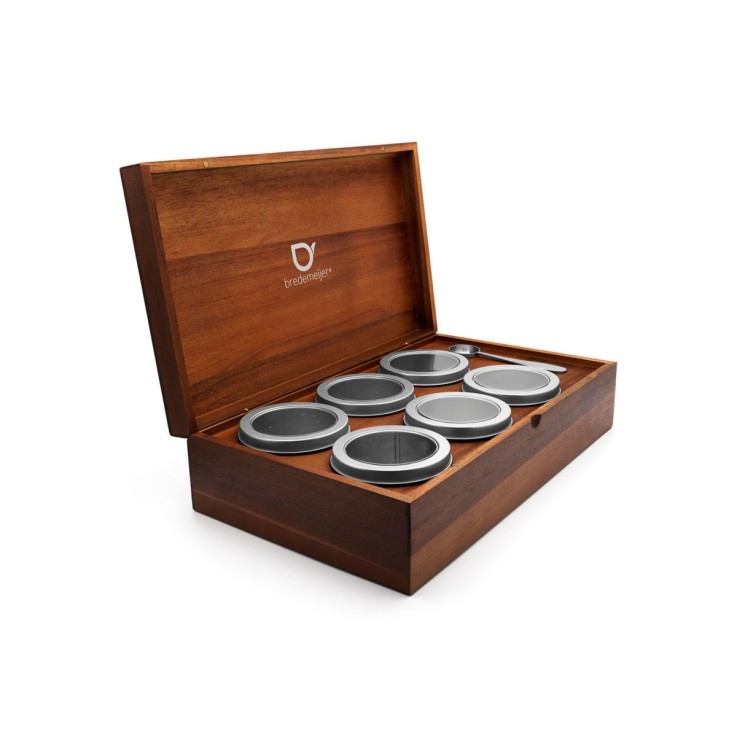 Coffret à thé bois d'acacia avec 6 boîtes à thé et cuillère