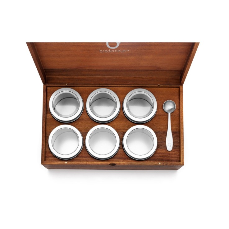 Coffret à thé bois d'acacia avec 6 boîtes à thé et cuillère