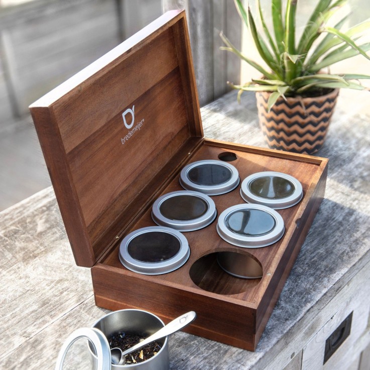 Coffret à thé bois d'acacia avec 6 boîtes à thé et cuillère