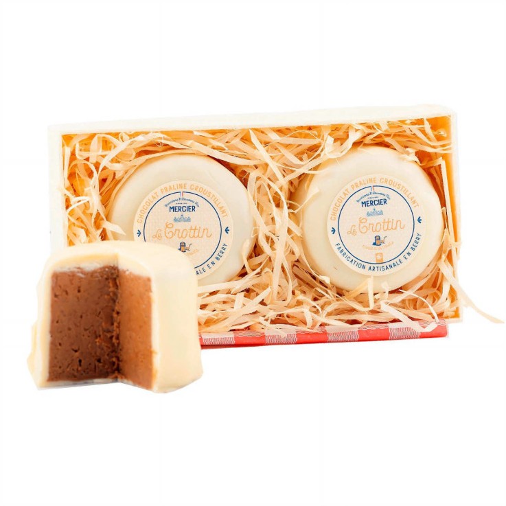 2 crottins - fromages en chocolat au praliné croustillant enrobé de chocolat blanc - Boîte de 2 crottins (130g)