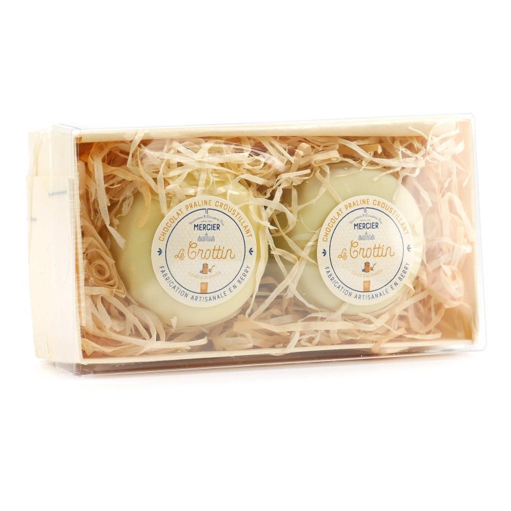 2 crottins - fromages en chocolat au praliné croustillant enrobé de chocolat blanc - Boîte de 2 crottins (130g)