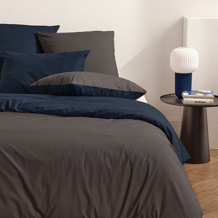 Parure de lit bicolore en percale de coton bio, taies carrées, LES ESSENTIELS