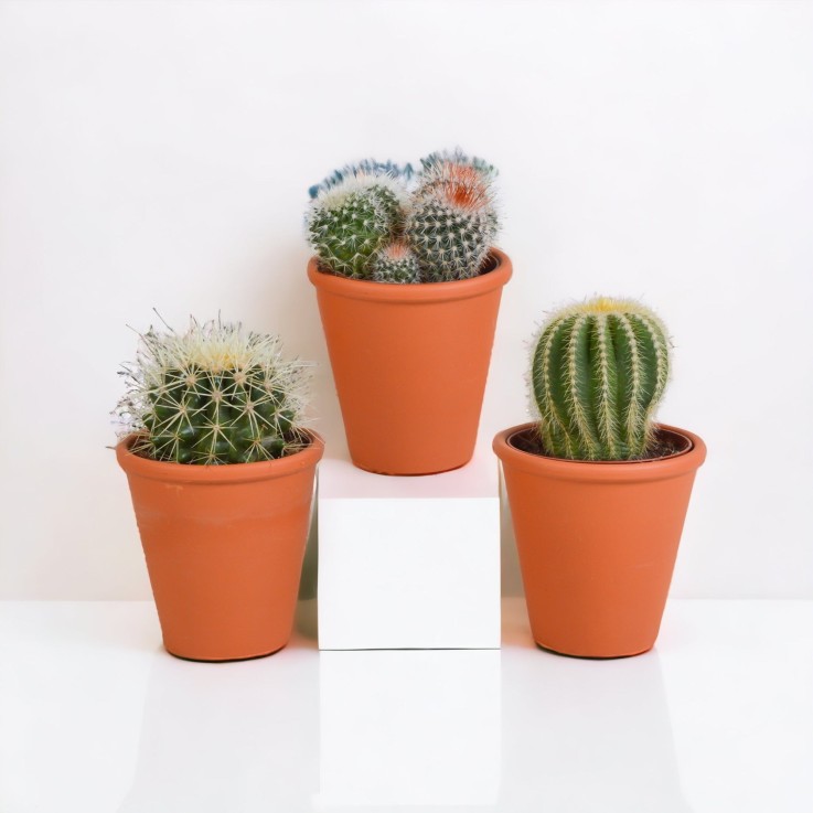 Coffret cadeau cactus et ses caches-pots terracotta - Lot de 3 plantes, h16cm