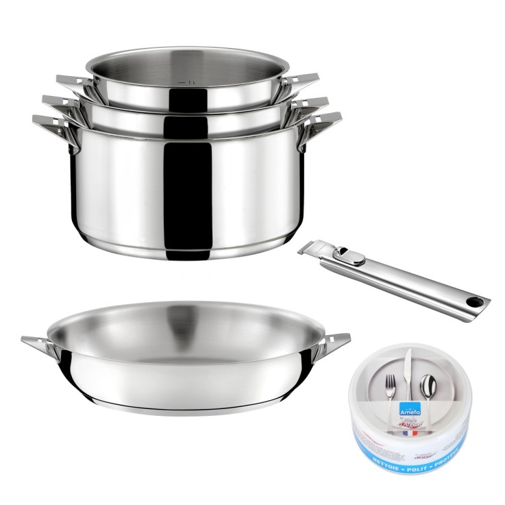 Lot 6 pièces Inox - 3 Casseroles 16/18/20cm, 1 Poêle 24cm, 1 Poignée amovible, 1 Pierre d'argent citron 300 g