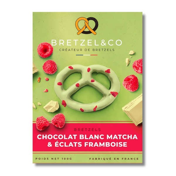 Bretzels chocolat blanc - Matcha et éclats de framboises - Boîte de 100g