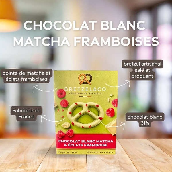 Bretzels chocolat blanc - Matcha et éclats de framboises - Boîte de 100g
