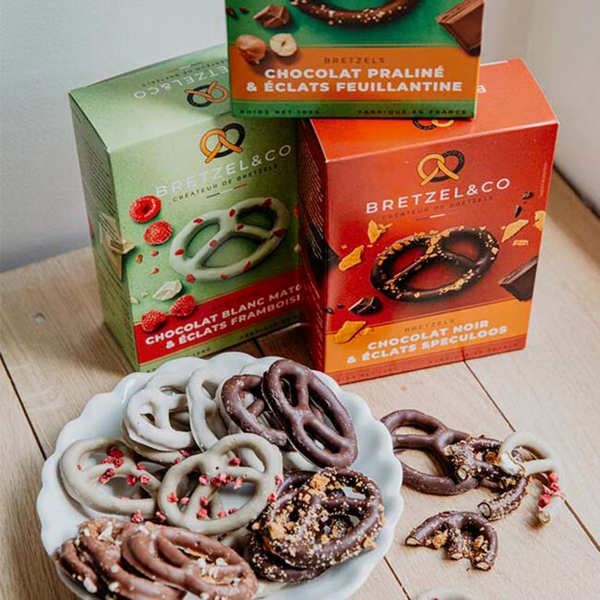 Bretzels chocolat blanc - Matcha et éclats de framboises - Boîte de 100g