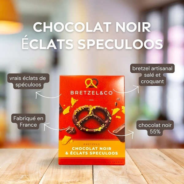 Bretzels chocolat noir - Eclats de spéculoos - Boîte de 100g