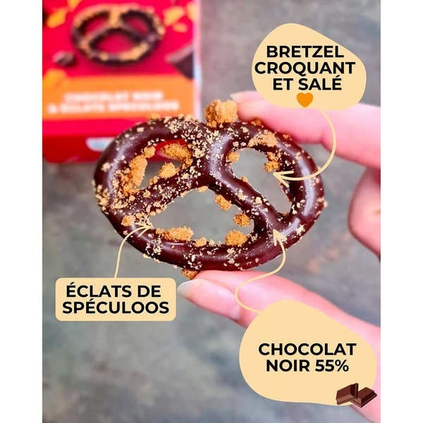 Bretzels chocolat noir - Eclats de spéculoos - Boîte de 100g