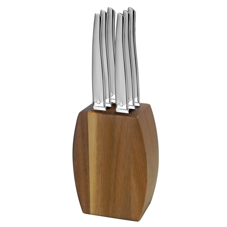 Bloc bois d'acacia 6 couteaux steak Jet Sablé en inox
