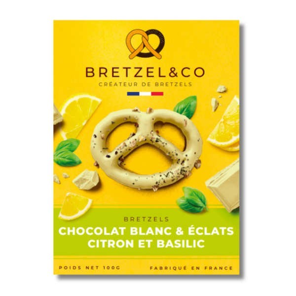 Bretzels chocolat blanc - Eclats de citron et basilic - Boîte de 100g