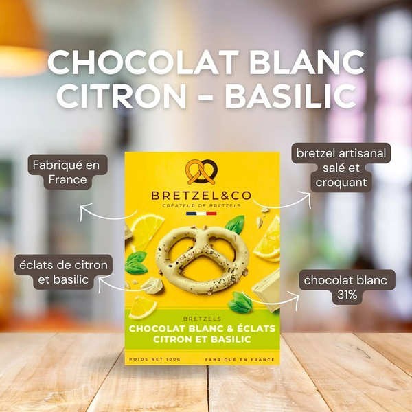Bretzels chocolat blanc - Eclats de citron et basilic - Boîte de 100g