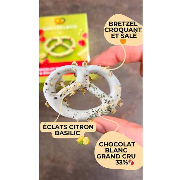 Bretzels chocolat blanc - Eclats de citron et basilic - Boîte de 100g