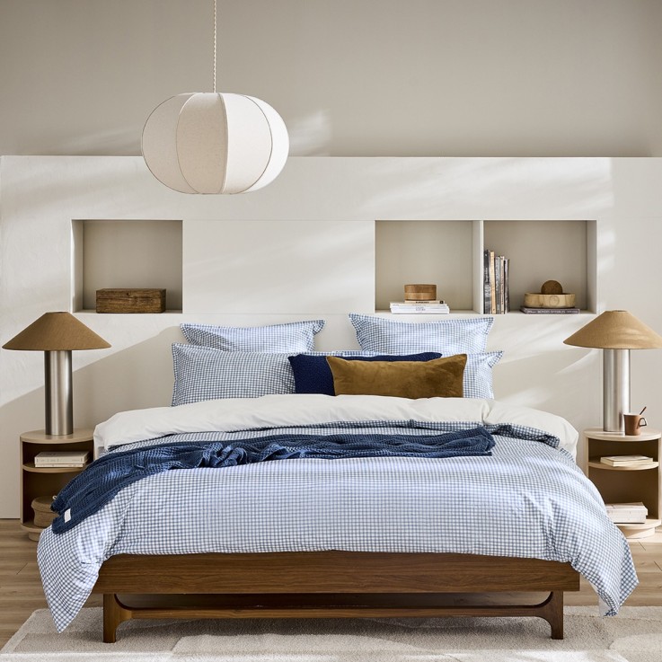 Parure de lit imprimée en percale de coton, taies rectangles, MINI VICHY CELESTE