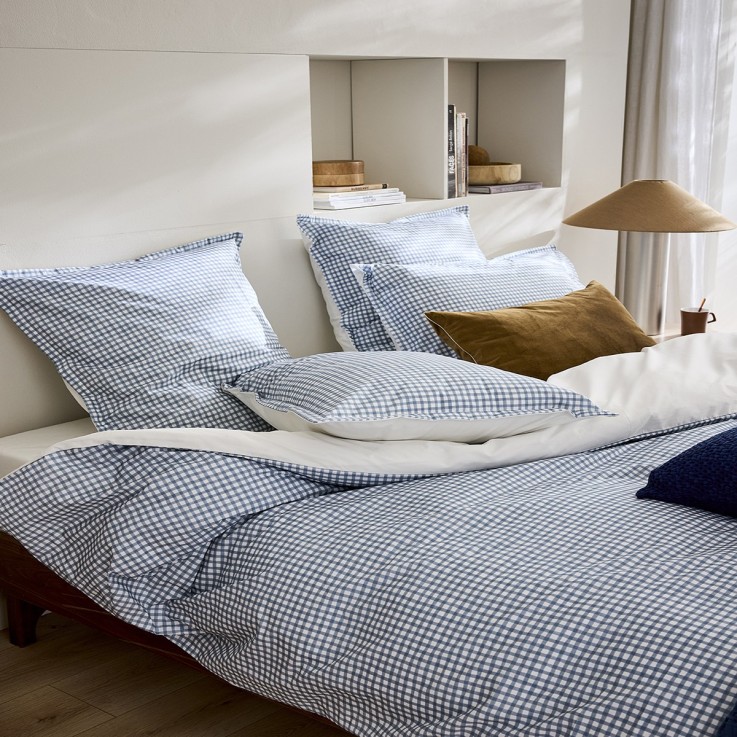 Parure de lit imprimée en percale de coton, taies rectangles, MINI VICHY CELESTE