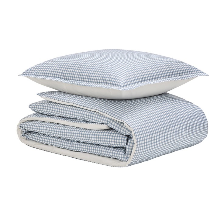 Parure de lit imprimée en percale de coton, taies rectangles, MINI VICHY CELESTE