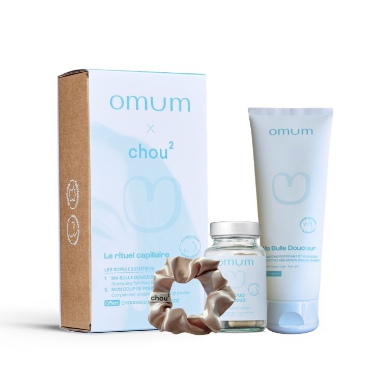 Coffret Cadeau Cheveux Omum & Chou² : 1 Chouchou satin offert + 1 Shampoing Douceur + 1 Complément Pousse