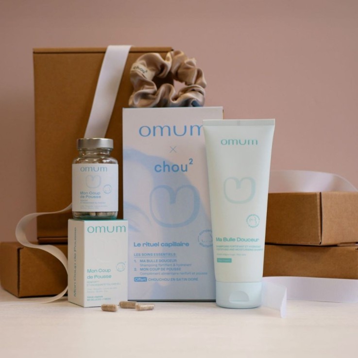 Coffret Cadeau Cheveux Omum & Chou² : 1 Chouchou satin offert + 1 Shampoing Douceur + 1 Complément Pousse