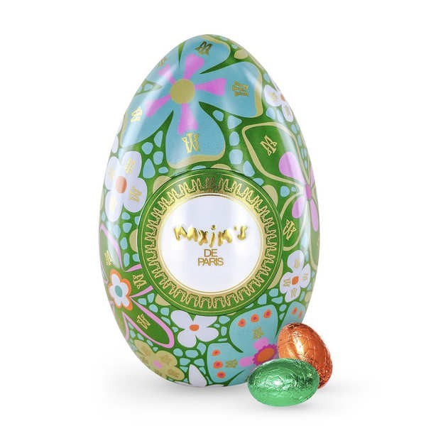 L'œuf métal vert garni de petits œufs fourrés gianduja et crème brûlée - L'oeuf de 90g