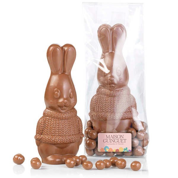 Lapin tricot en chocolat au lait et ses perles de céréales chocolat au lait caramel  - Sachet de 100g