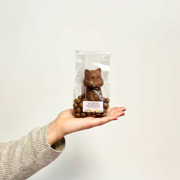 Chaton en chocolat au lait et ses perles de céréales chocolat au lait caramel  - Sachet de 80g