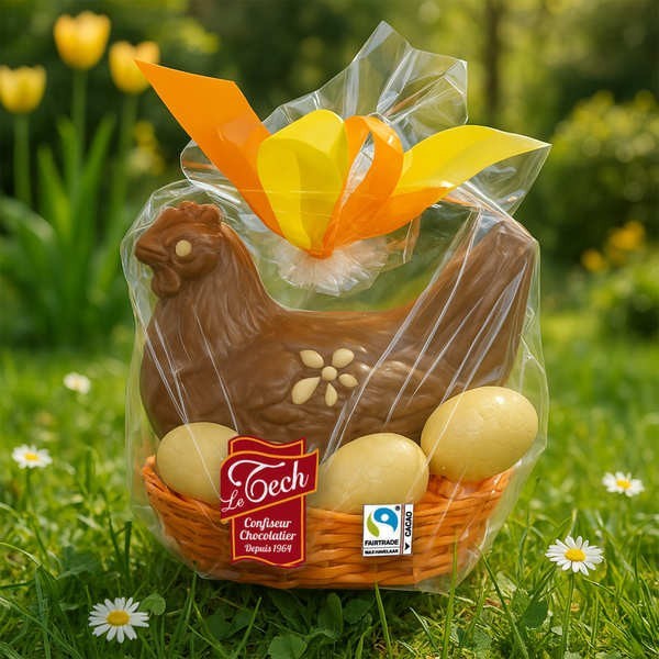 Corbeille de Pâques - La poule et ses oeufs en chocolat - Corbeille de 200g