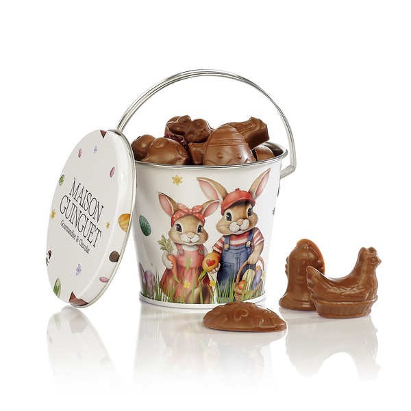 Assortiment de chocolats de Pâques noir et lait en panier métal Rose & Gustave - Panier de 140g