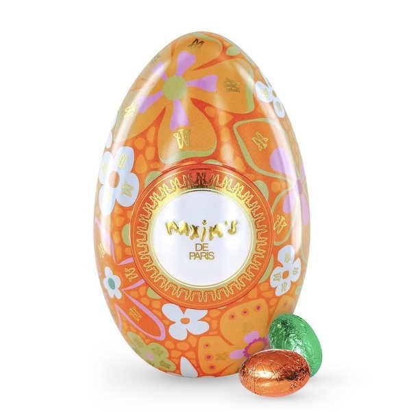 L'oeuf métal floral garni de petits œufs praliné, gianduja, chocolat blanc et caramel - L'oeuf de 90g