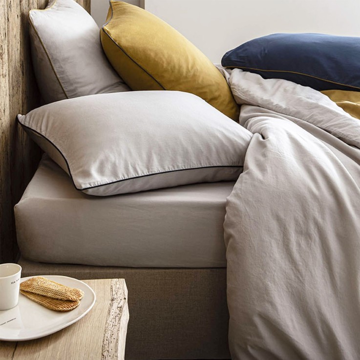 Drap housse uni en satin de coton lavé bonnet 30cm, BRUME