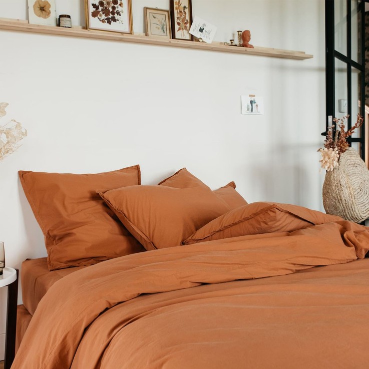 Drap housse uni en percale de coton lavé, VANOISE