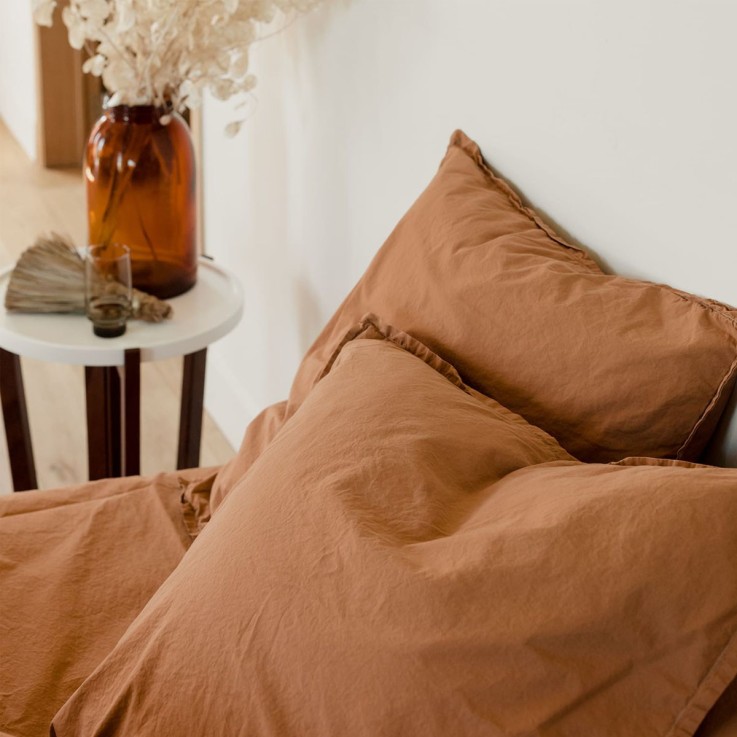 Drap housse uni en percale de coton lavé, VANOISE