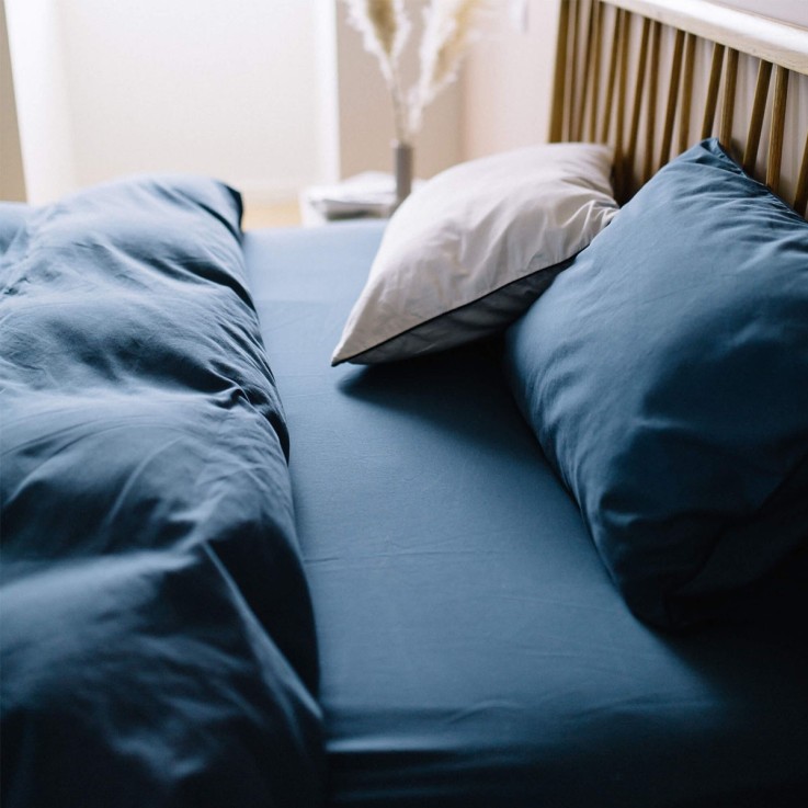 Drap housse uni en satin de coton lavé, BLEU FLANDRES