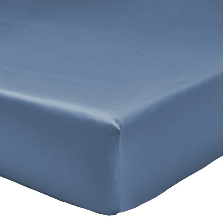 Drap housse uni en satin de coton, BLEU FLANDRES