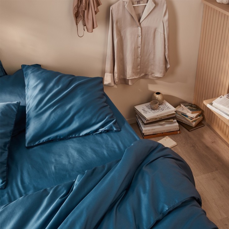 Drap housse uni en satin de coton, BLEU FLANDRES